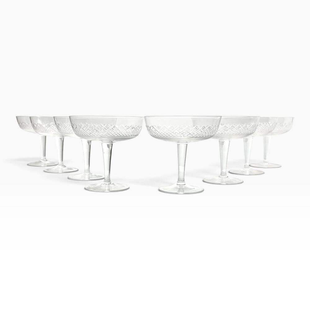 1950s Vintage Mid-century 8 Coupe Champagne Glasses Criss-Cross X Fishnet Cuts